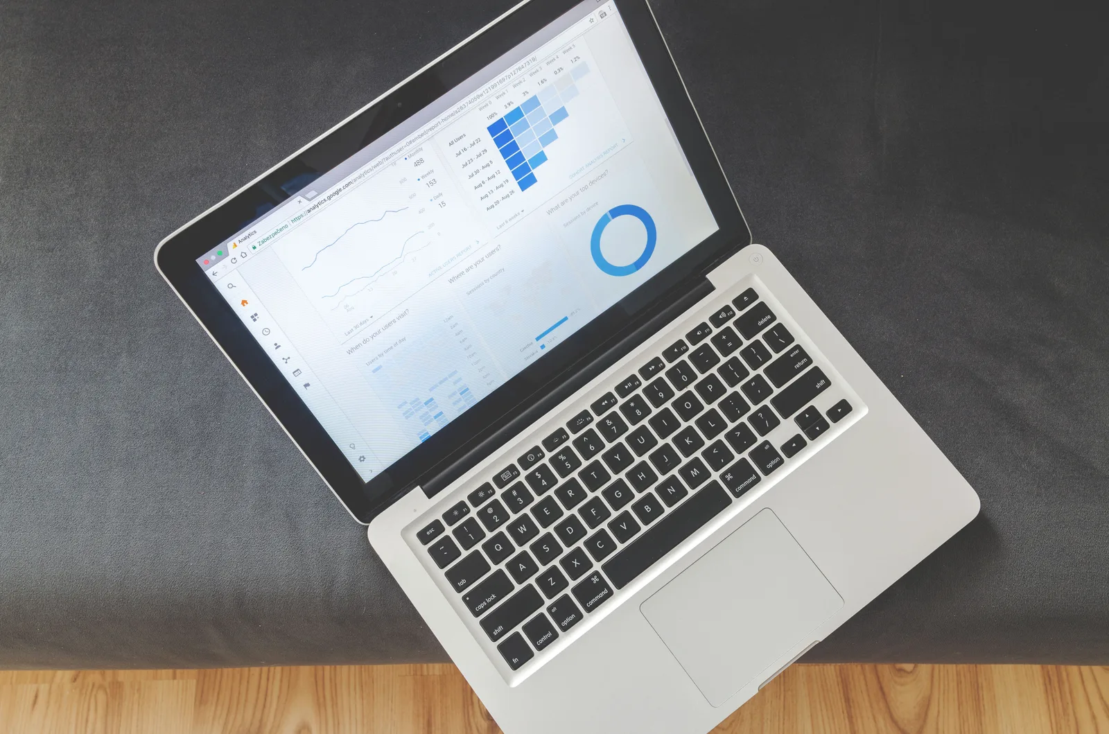 Overhead view of a laptop showing data visualizations and charts on its screen. Affiliate and platform fee models for influencer agencies