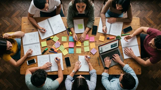 eam, workshop, office, collaboration, sticky notes, planning, strategy, brainstorming, table, overhead, people, working, laptop, notebooks, creativity, business, meeting, together, analysis, group, ai generated. Discovery Platforms for Agencies in 2027: A Buying Checklist