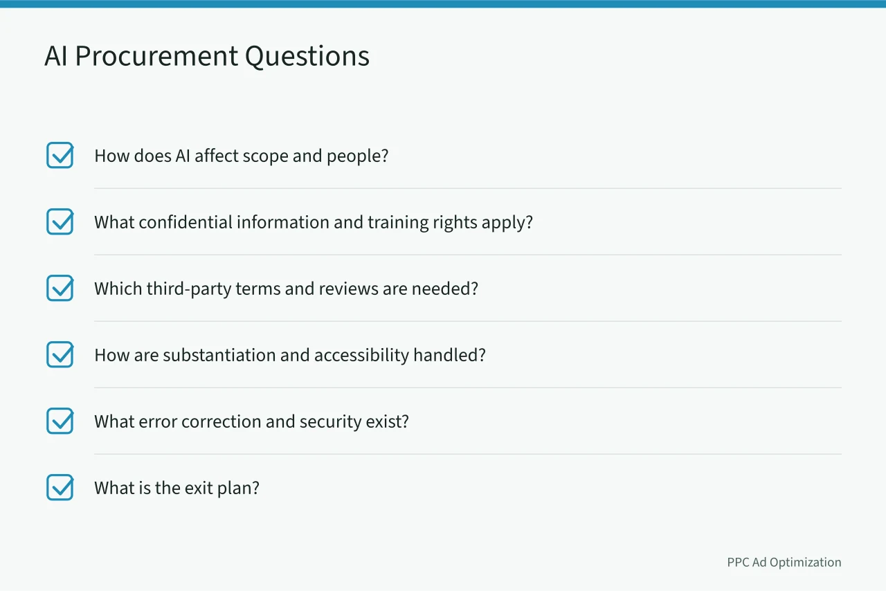 Checklist of AI procurement questions for agency contracts (Eight operating shifts reshaping advertising agencies: watch these first)
